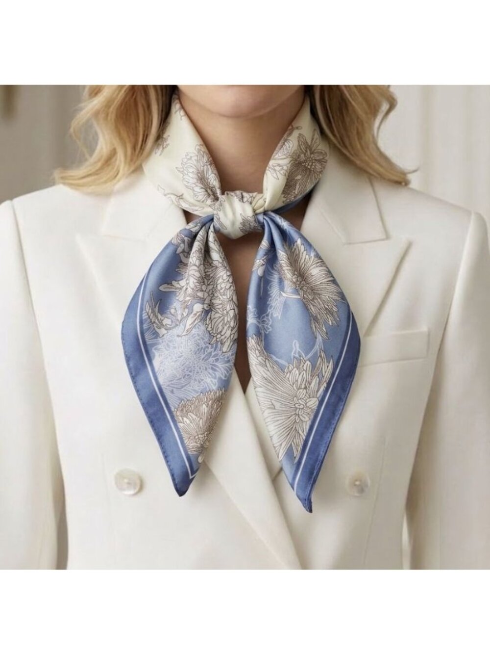 Luxury Silky Square Scarf Blue Beige Botanical Leaf Floral Print headband hijab